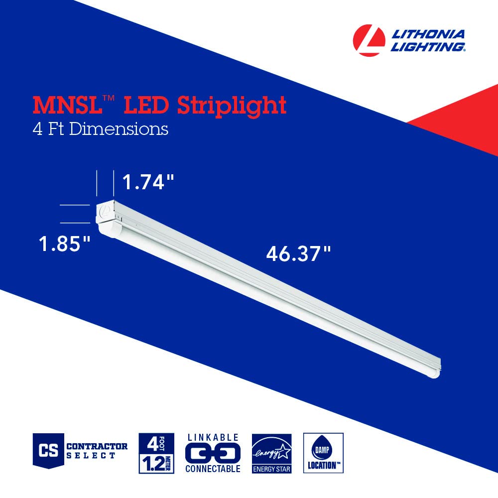 Lithonia Lighting 4Ft Light Fixture, Led Strip Light, 120V, 4000K Cool White Light 4-Foot, 1-Light, White (Mnsl L46 1Ll 120V 40K