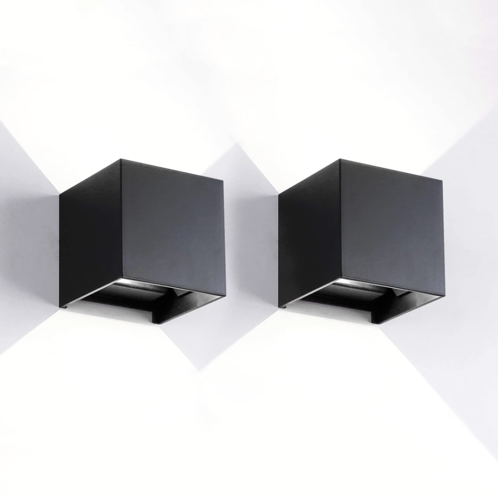 Mille Lucciole 2 Pack Led Outdoor Wall Lights Exterior/Interior, Up And Down Lights Ip65 Waterproof Wall Sconces, Square Aluminum Outdoor Wall Lighting Fixtures, Modern Black 12W 6500K Cold Lights