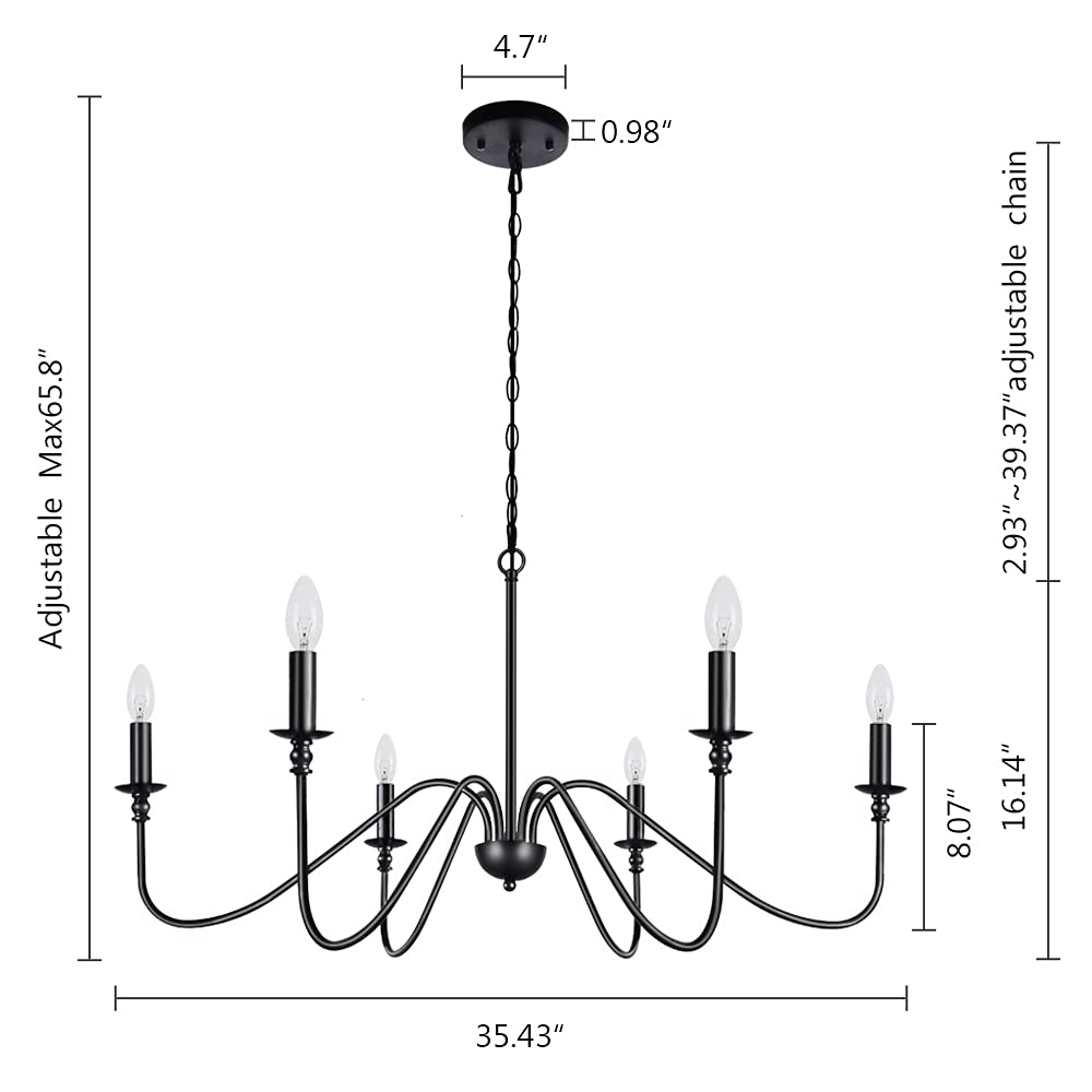 Lampundit Black 6-Light Iron Chandelier - Farmhouse Candle Ceiling Pendant For Dining Room, Kitchen