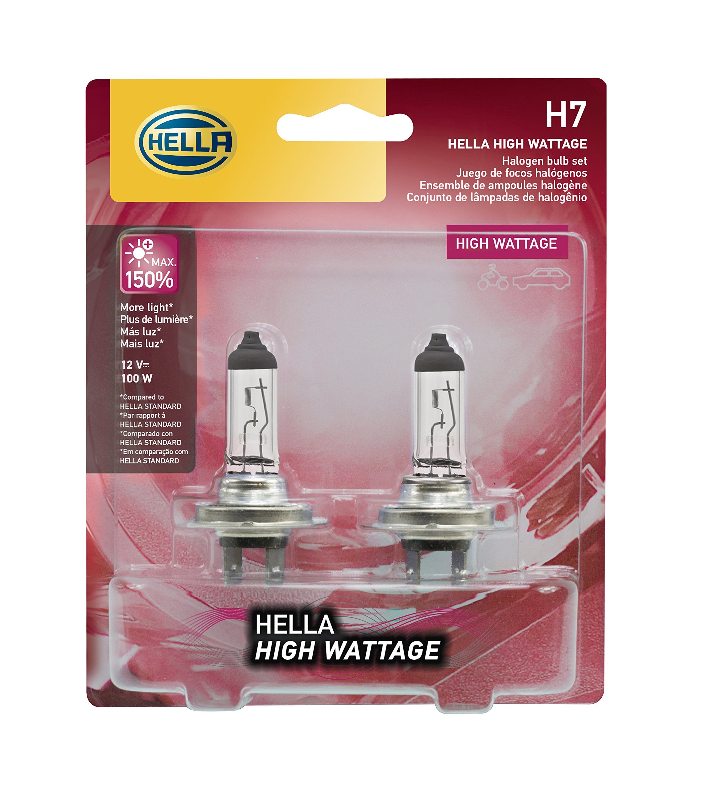 HELLA H7 High Wattage Bulbs 100W, 12V, 2 Pack - Bright Regular Lighting
