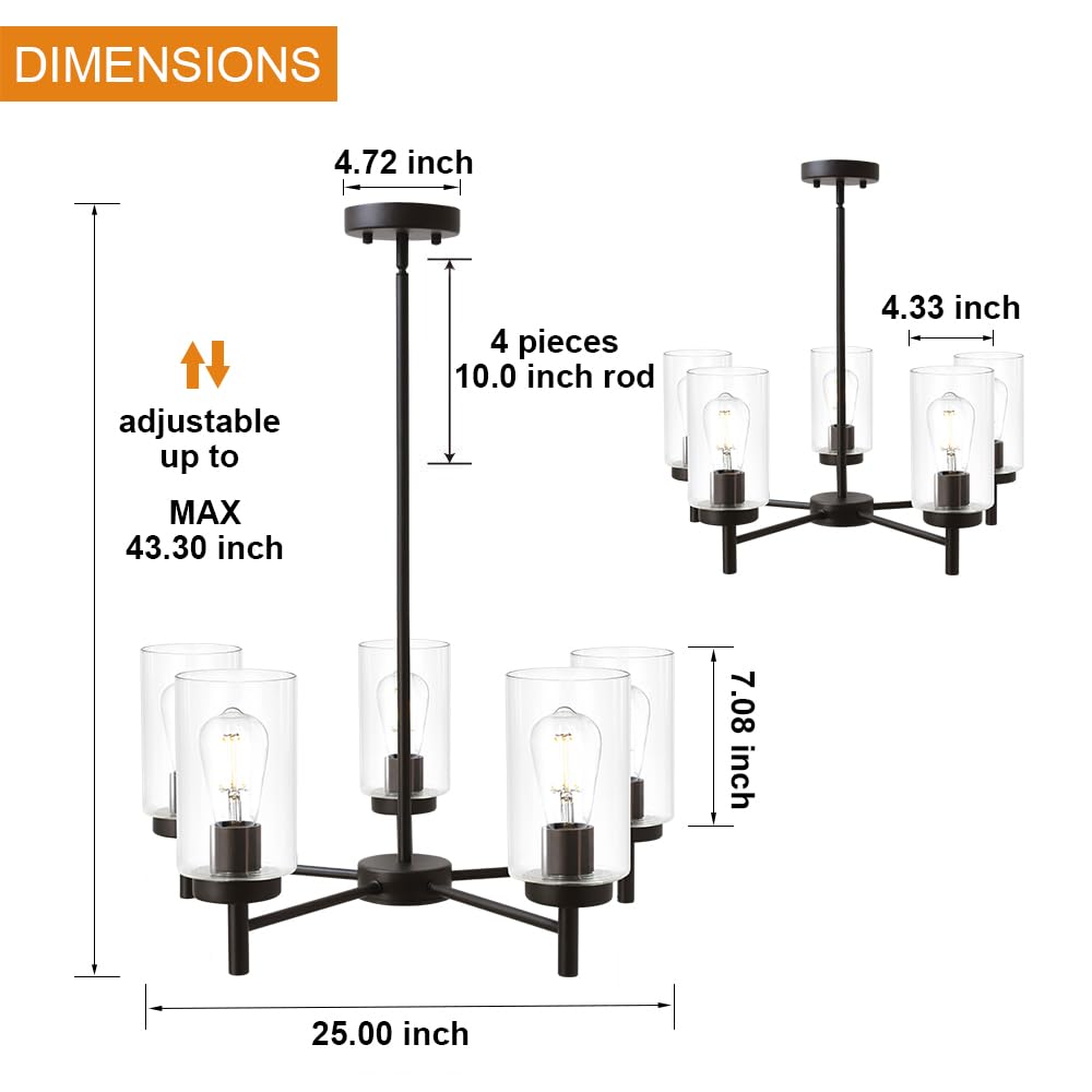 VINLUZ 5 Light Contemporary Black Chandelier, Metal with Clear Glass Shade, Model 1810-5-11, Ideal for Dining Room or Bedroom