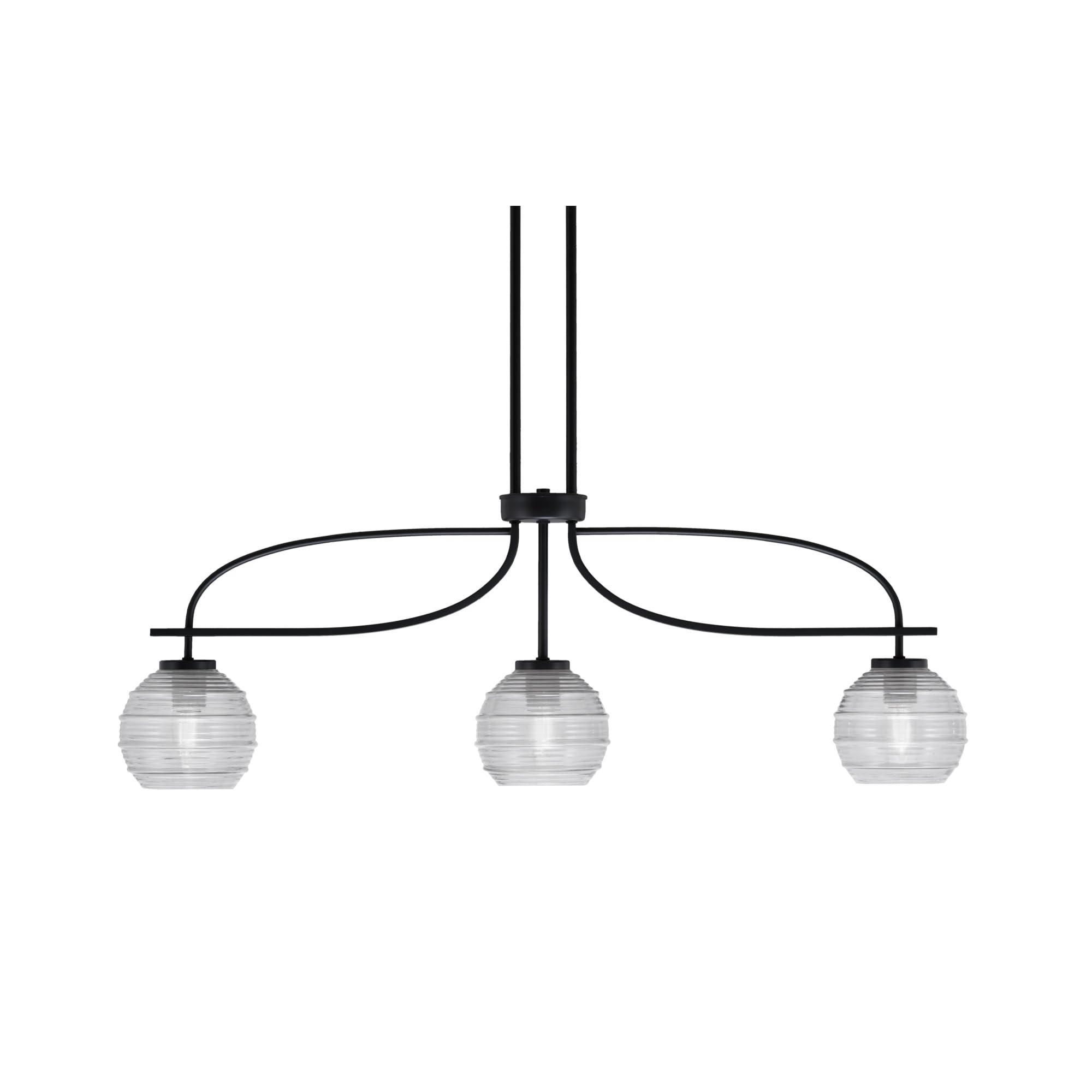 Cavella 3 Light Island Light Shown in Matte Black Finish with 6&quot; Clear Ribbed Glass