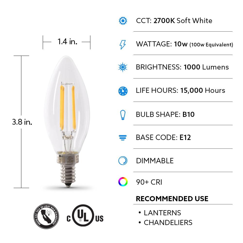 Feit Electric Led Candelabra Light Bulb, 100W Equivalent, Dimmable, E12 Base, 2700K Soft White, B10 Filament Torpedo Tip Decorat
