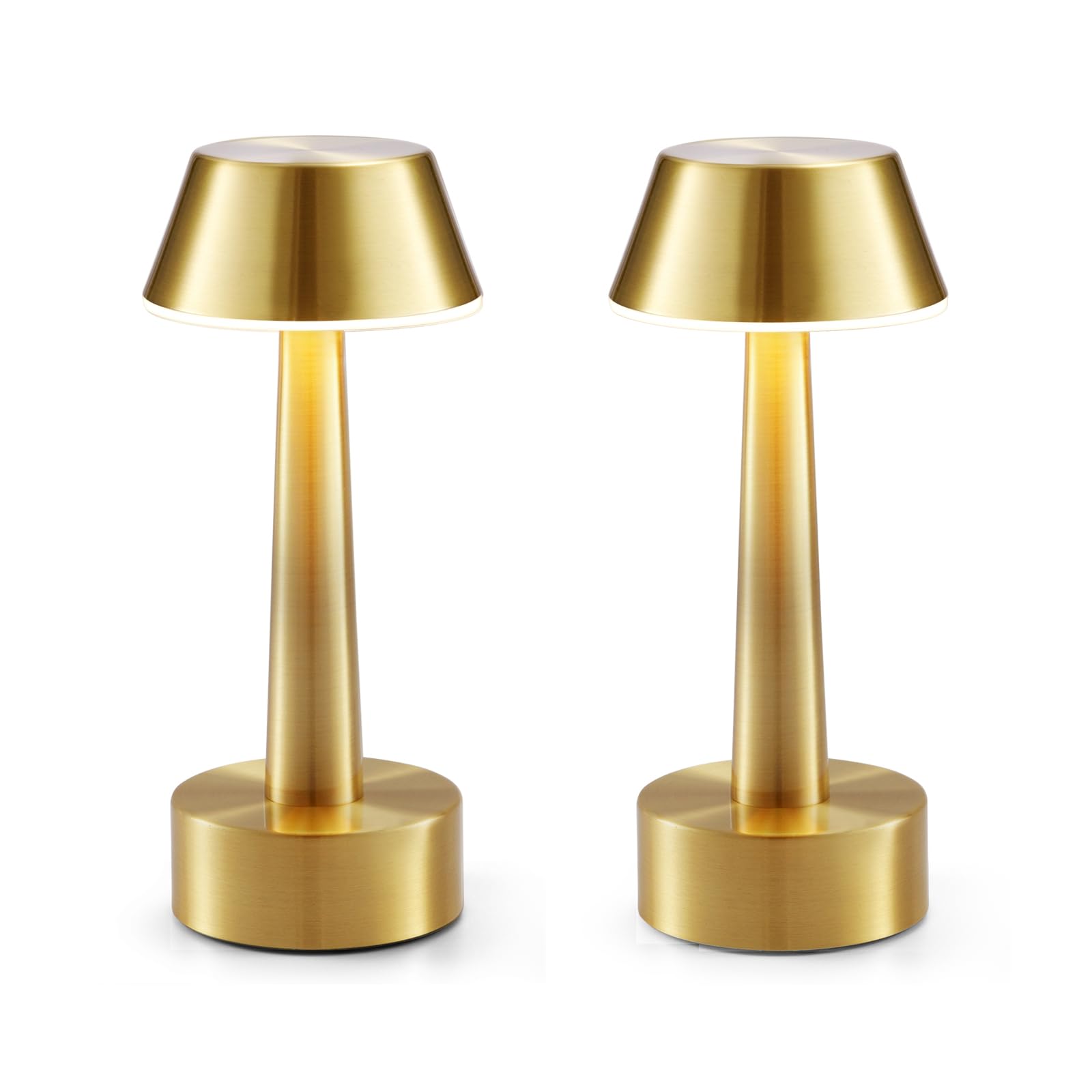 2 Pack Small Cordless Table Lamp, Battery Operated Gold Lamp for Restaurant Dinner Table, Rechargeable 3-Way Dimmable Touch Ligh