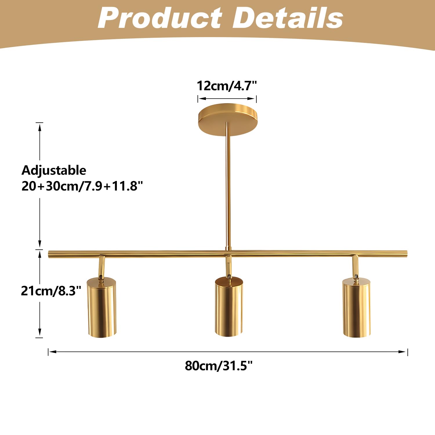 KCO Lighting Linear Pendant Light Ceiling Track Spotlight Gold 3-Light with Rods Adjustable Hanging Lighting Fixture for Dining