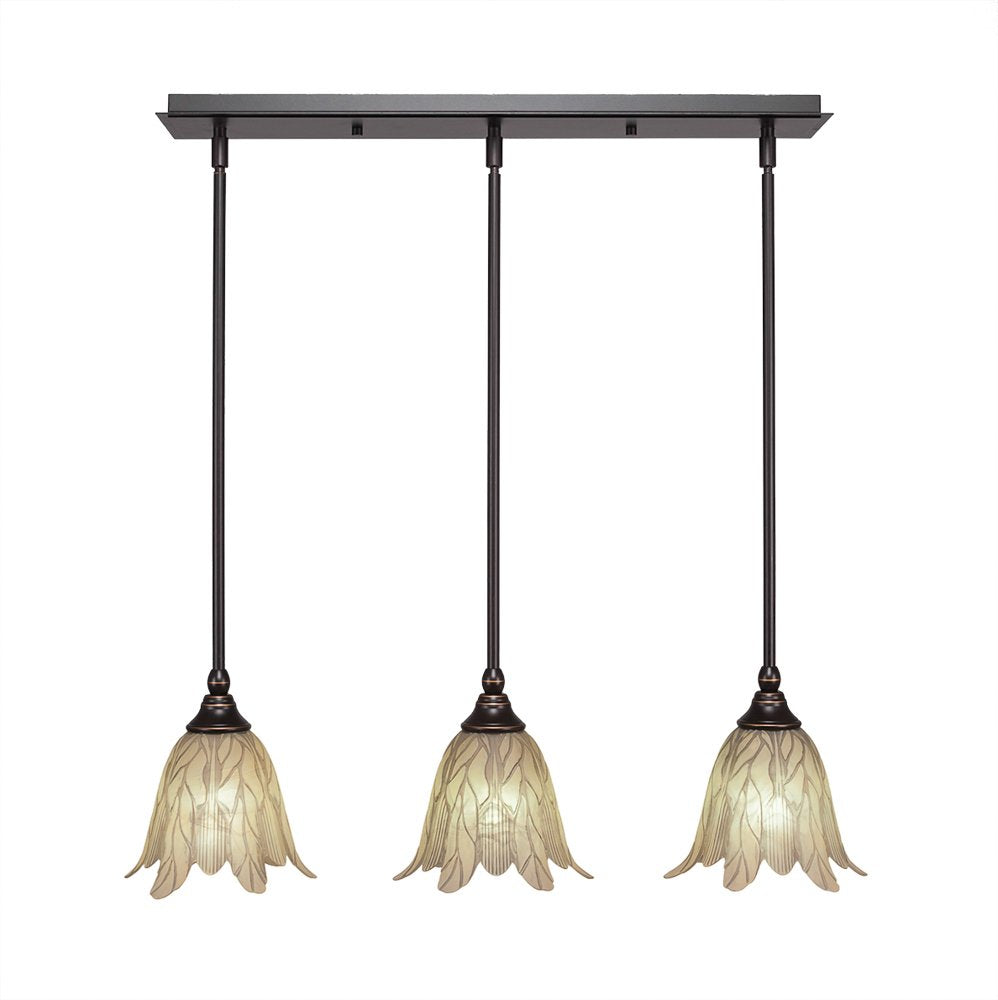 Toltec Lighting 25-Dg-1025 3 Light Multi-Light Mini Hang Straight Swivel Pendant With Vanilla Leaf Glass, 7&quot;, Dark Granite