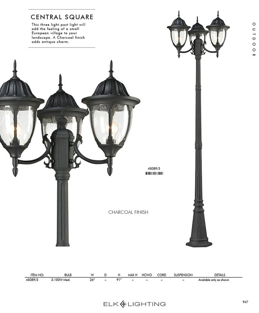 Elk Lighting 45089/3 Central Square 3-Light Outdoor Post Mount, Textured Matte Black, 91&quot;