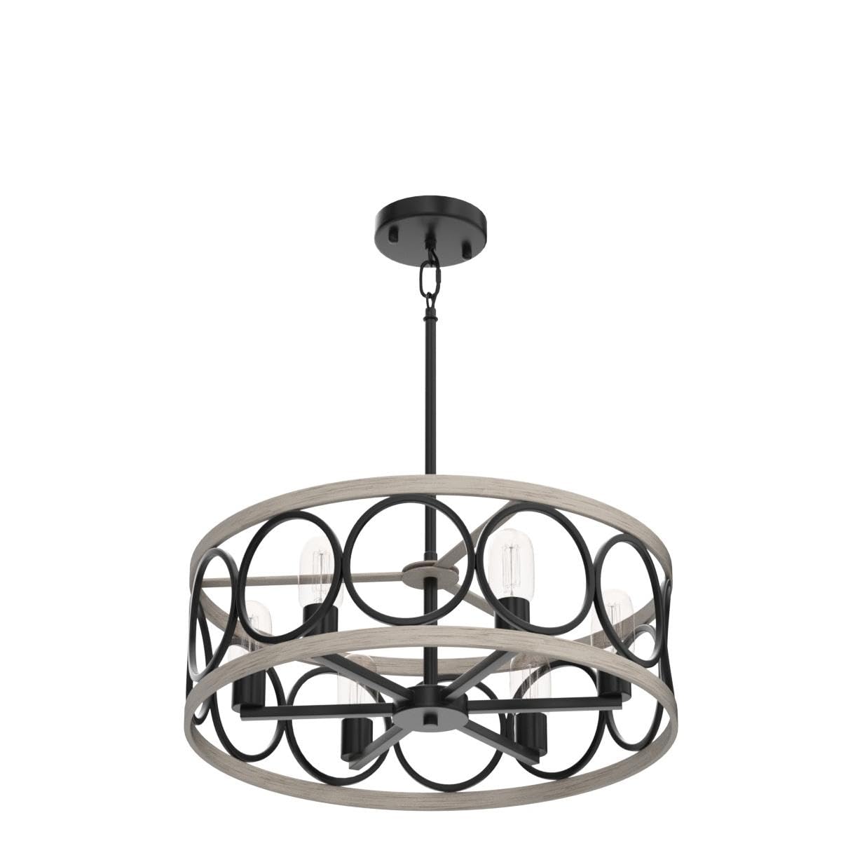 MEIXISUE Modern Farmhouse Drum Chandelier, 6-Lights, Black and White Birch Finish, Rustic Vintage Light Fixture for Kitchen and Dining Room