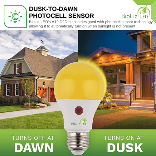Bioluz Led 3 Pack Yellow Dusk To Dawn Bug Light Bulbs, 9W (60W Equivalent) A19 Led Light Bulb With Photocell Sensor, Auto On/Off