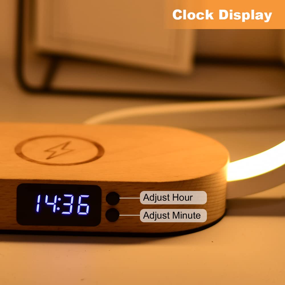 Donewin Bedside Lamp With Clock, Usb Port, 10W Fast Wireless Charger, Touch Table Lamps For Nightstand, Bedroom,Wood Decor,Stepl