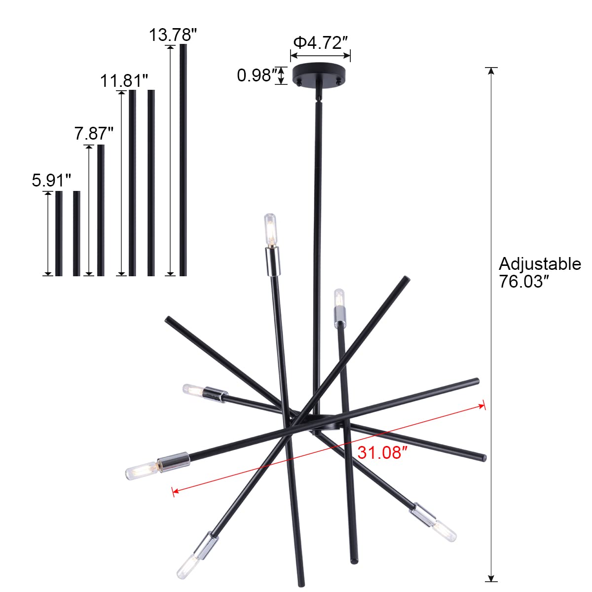 VILUXY Modern Sputnik Chandelier 6 Lights Metal Black Ceiling Pendant 31.5 inches