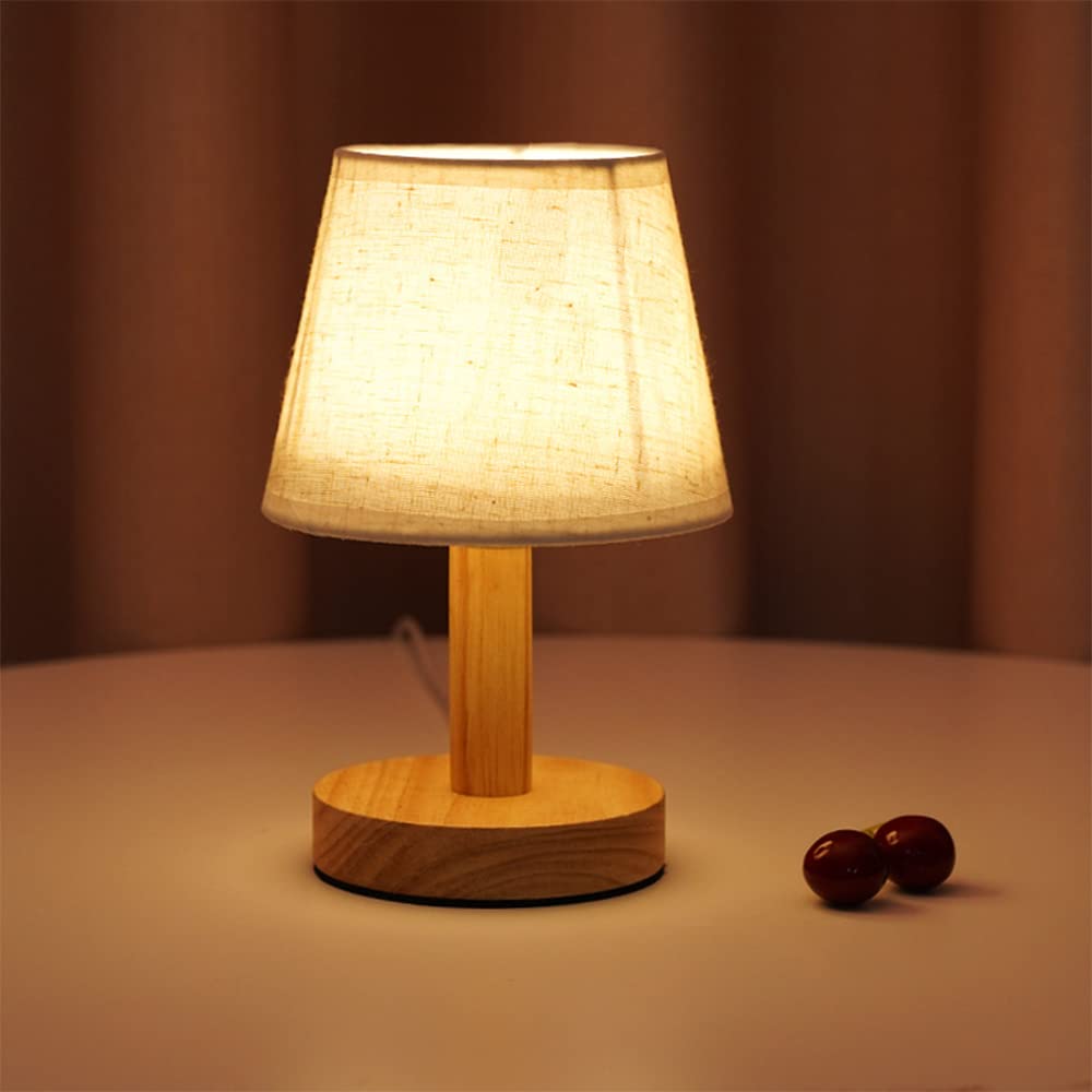 YKCGG Small Bedside Table Lamp, Wooden Bedroom Lamp with Linen Shade, Mini Desk Night Light for Bedroom, Living Room, Kids Room