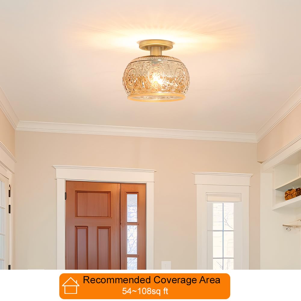 Oiyio Brushed Brass Semi Flush Mount Ceiling Light With Amber Globe Glass Shade  Modern Hallway Lighting Fixtures  Vintage Ceiling Light For Kitchen  Bedroom  Closet  Entryway  Porch