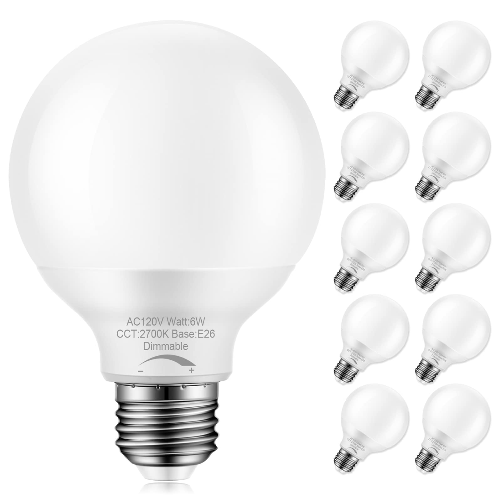 Marxlait 10-Pack Dimmable G25 Globe Light Bulbs LED, 6W=40W Replacement, Warm White 2700K, E26 Medium Base, Ideal for Bathroom V