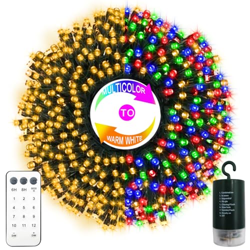 65.6Ft 200LED Battery Operated Christmas String Lights, 12 Lighting Modes Warm White & Multicolor Fairy Lights with Remode Timer, Green Wire Twinkle Lights for Wreath Indoor Outdoor Party Wedding