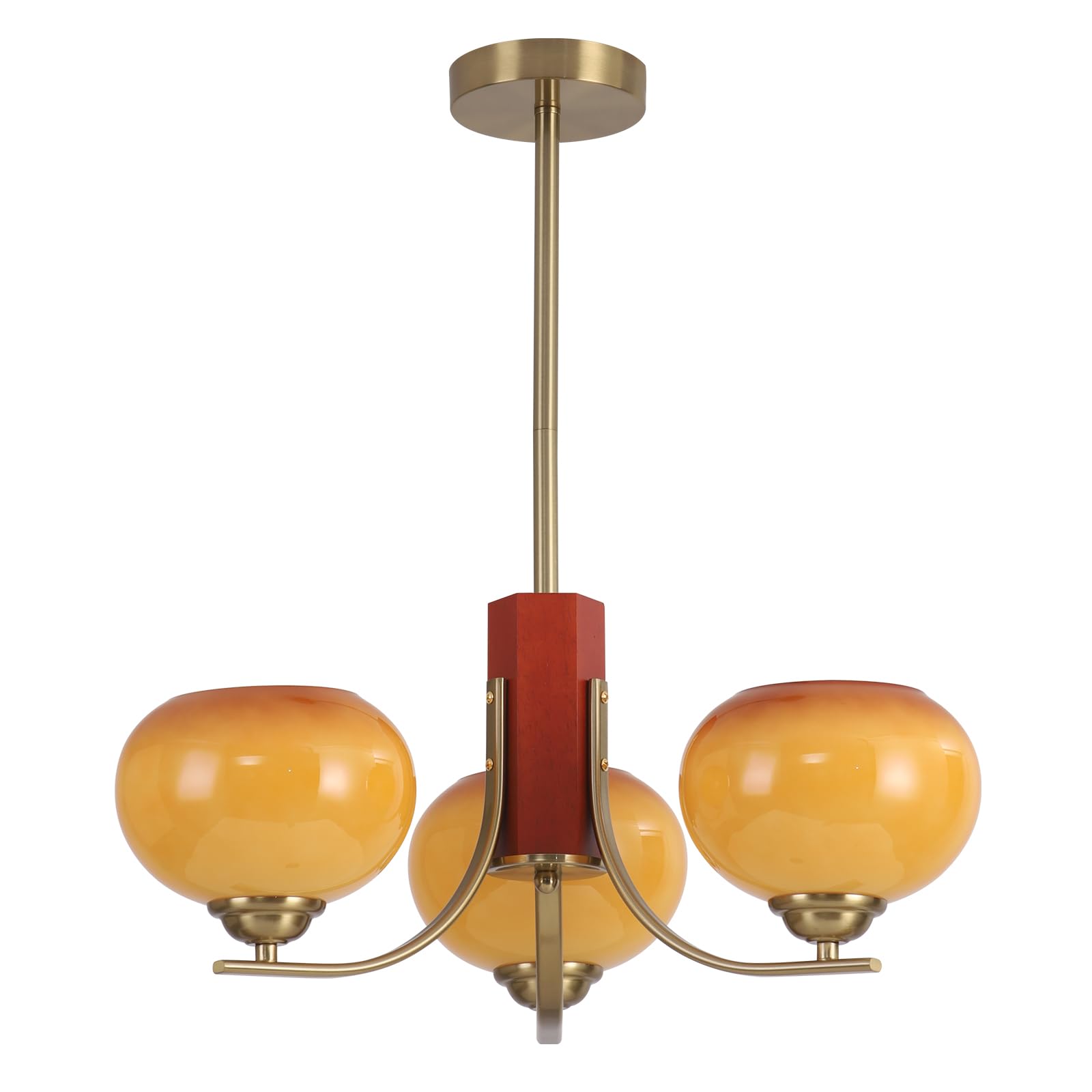 BOKT Retro 3-Light Chandelier Gold Height Adjustable Hanging Lamp Wood Pendant Light Fixtures Dining Room Compatible E26 Bulb Mi