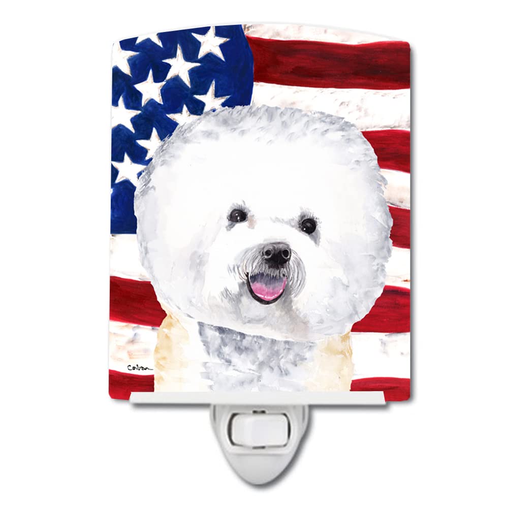 Caroline'S Treasures Sc9014Cnl Usa American Flag With Bichon Frise Ceramic Night Light Compact, Ul-Certified, Ideal For Bedroom, Bathroom, Nursery, Hallway, Kitchen, 6X4X3, Multicolor