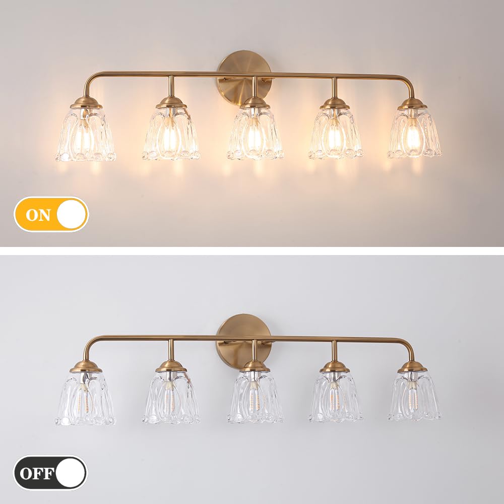 5-Light Vintage Vanity Light, Brushed Brass Vanity Lights For Bathroom, Elegant Bathroom Lighting Fixtures Over Mirror, Bathroom