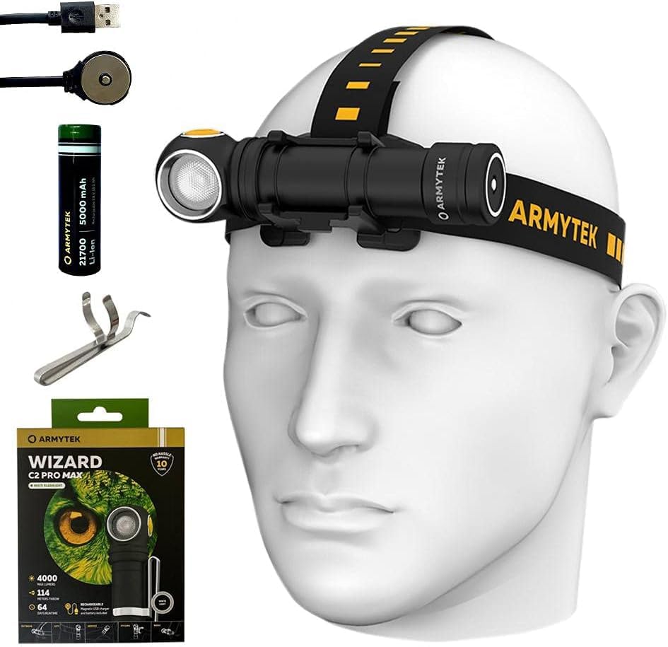Armytek Wizard C2 Pro Max Headlamp - 4000 Lumens, Rechargeable, White, Aluminum, Model: Wizard-C2-Pro-Max, Free Magnetic USB Cable Included