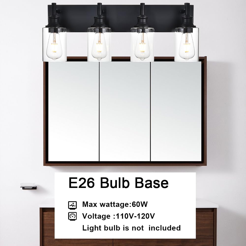 Wanluce 4 Light Bathroom Vanity Lights, Black Iron Fixture with Clear Glass Shades, Model 16-16111-4W-BL