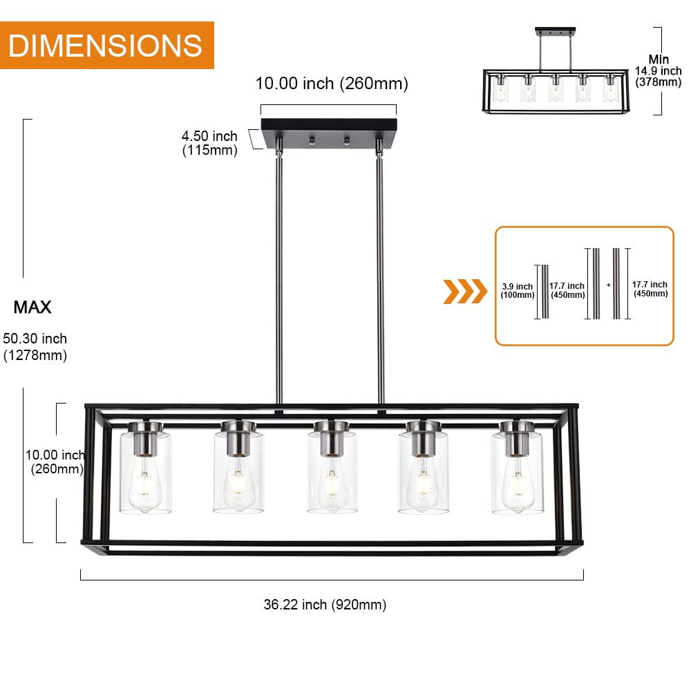 VINLUZ Modern Chandelier Lighting Fixture, 5 Light, Brushed Nickel and Black, Clear Glass Shade, Model 1811-5-BS