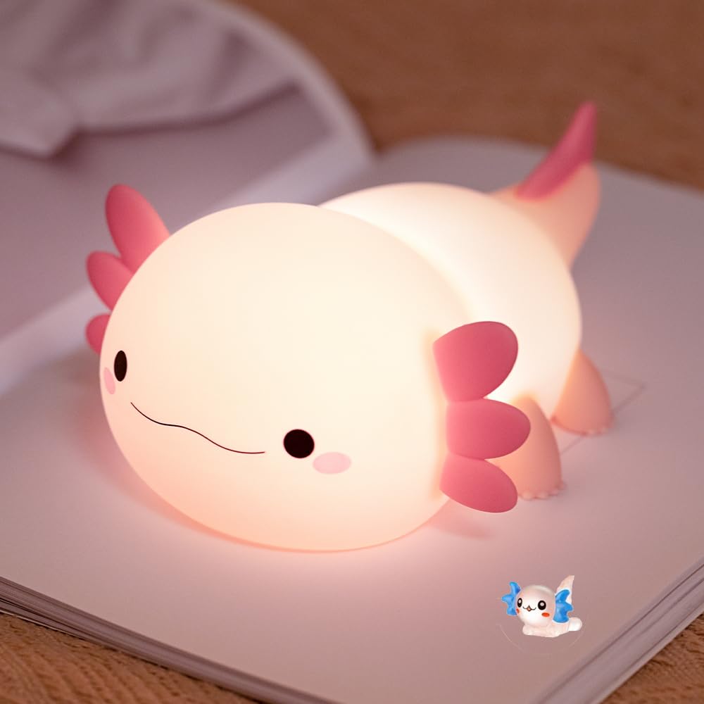 Pink Axolotl Night Light for Kids Bedroom, Animal Silicone Nursery Night Lamp Touch Dinosaurs Nightlights USB Rechargeable Bedsi