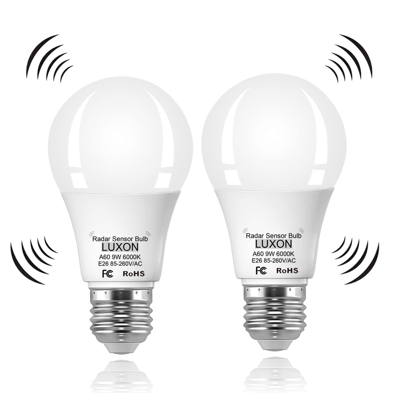 LUXON Radar Motion Sensor Light Bulbs 9W 6000K Daylight A19 E26 Base Auto On/Off Pack of 2 for Indoor Outdoor Use