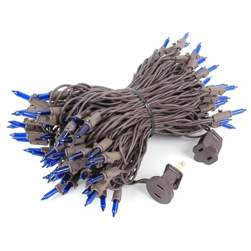 Novelty Lights 50 Feet 100 Bulbs Traditional Incandescent Mini Lights, Blue On Brown Wire With 6 Spacing, Commercial Grade And U