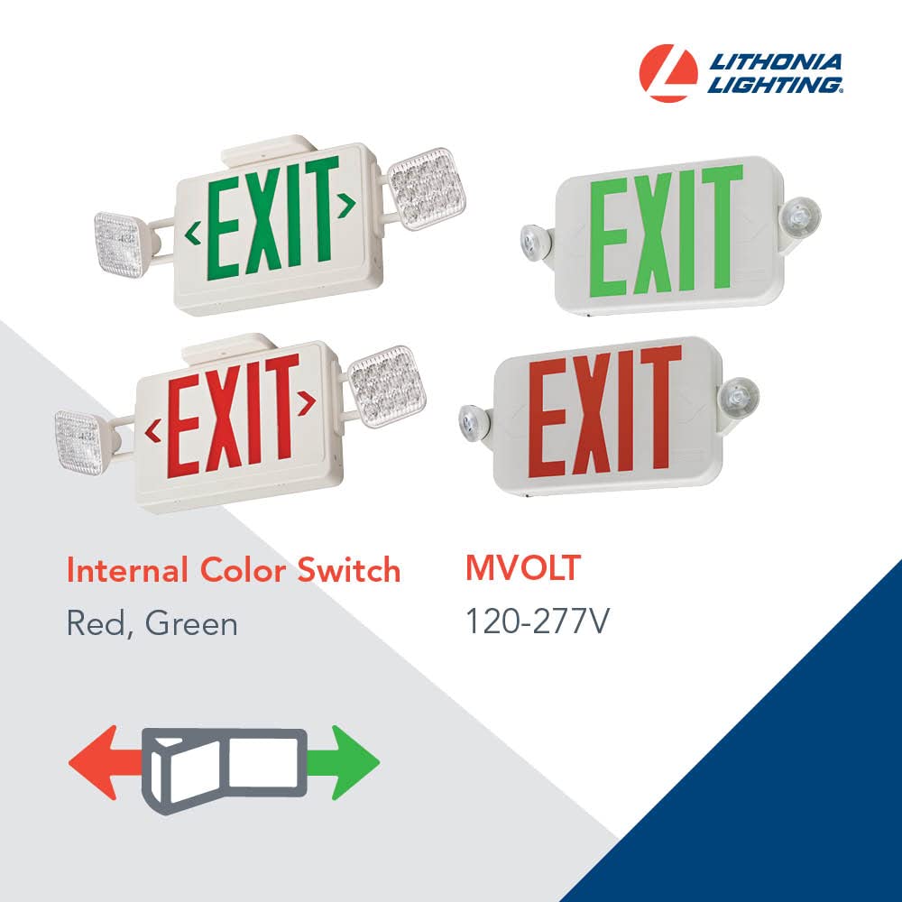 Lithonia Lighting LED Exit Sign Emergency Light Combo, 19.09in Square, Switchable Red/Green, Model ECRG SQ M6