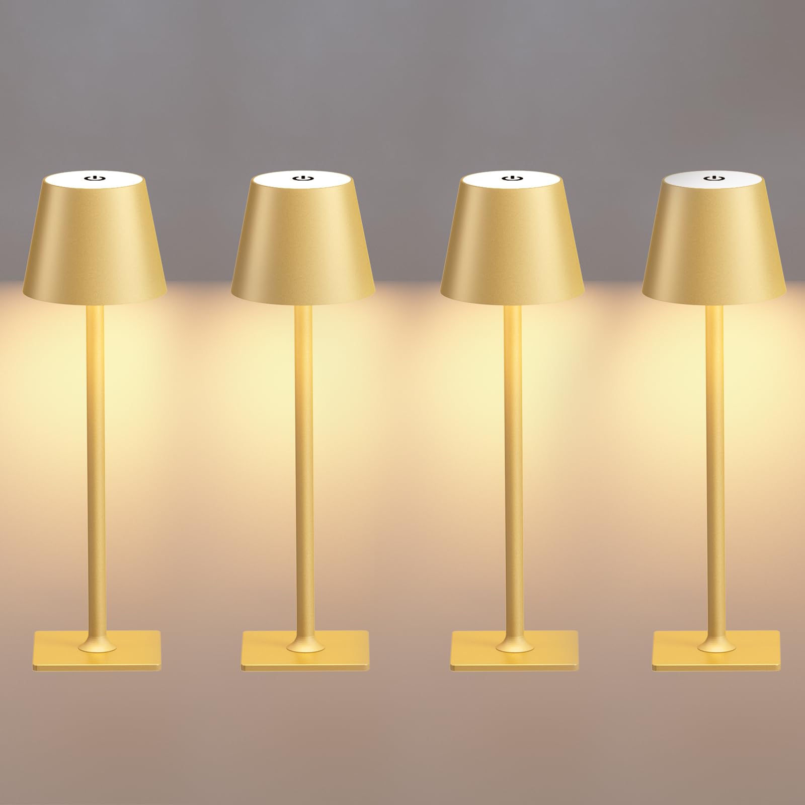 Fizrice 4 Pack Gold Cordless Table Lamps, Portable Rechargeable, 6000mAh Battery, Dimmable LED for Holiday Gifts