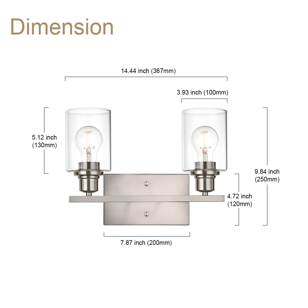 VINLUZ Modern Bathroom Vanity Light, 2-Light Wall Sconce, Brushed Nickel Finish, Metal Base, Clear Glass Shade