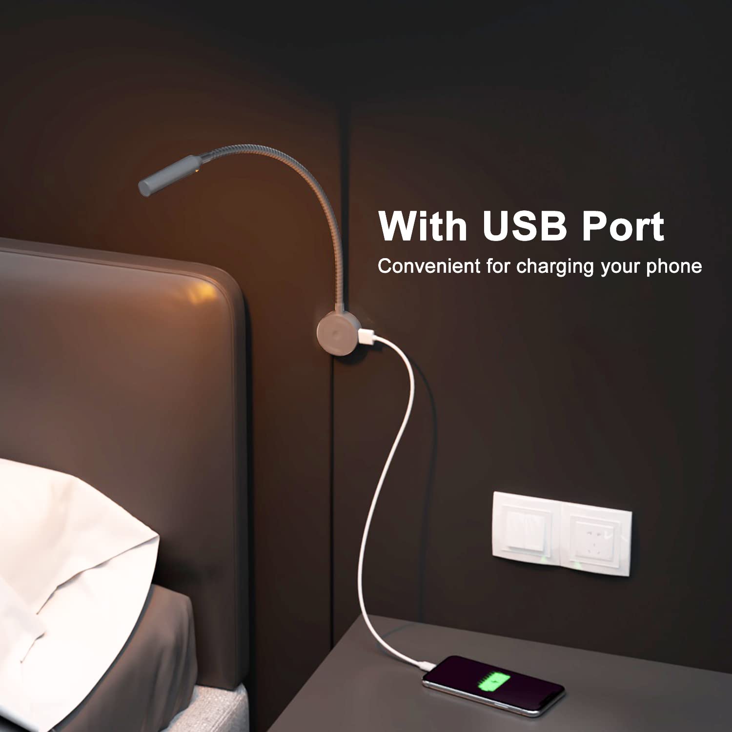 VST Headboard Reading Lamp, Touch Color Temp (3000K/4000K/6000K), USB/Type-C, 2 Pack, Silver, Aluminum