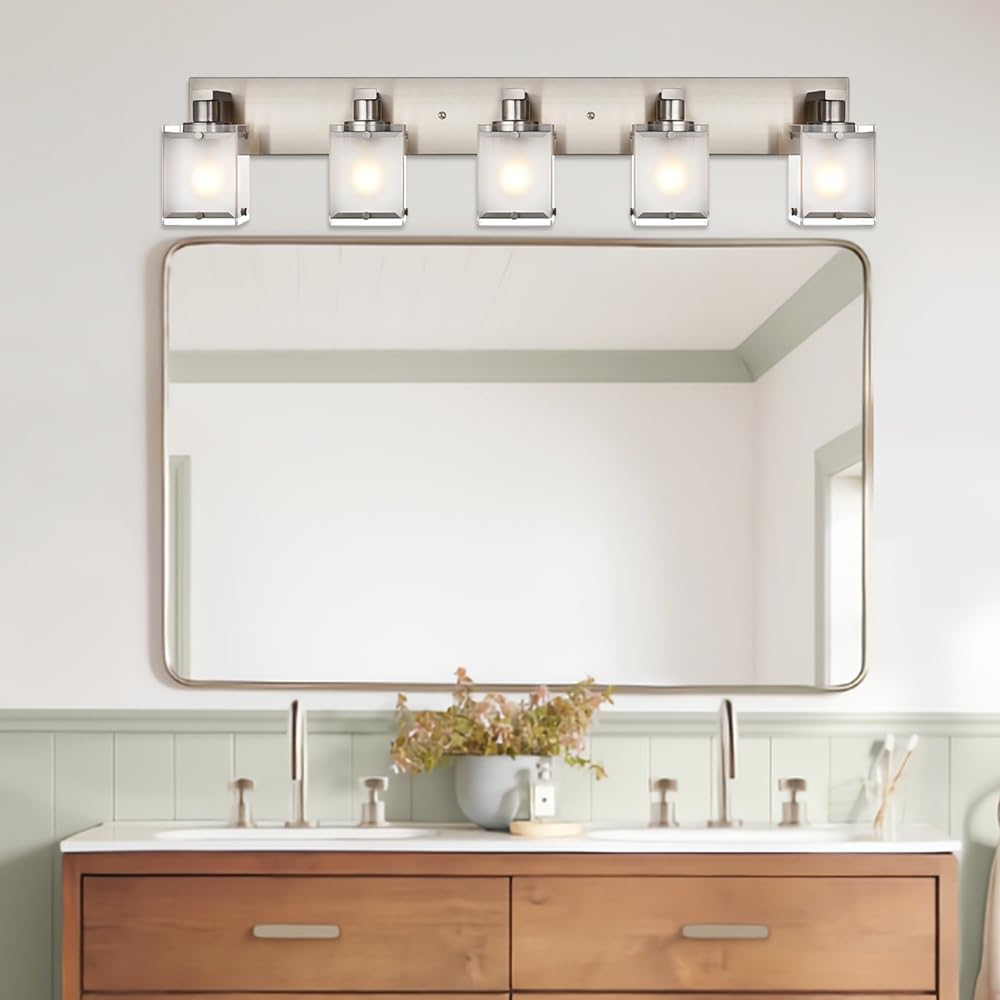 WINSHEN 5-Lights Bathroom Vanity Light Fixture, Modern Brushed Nickel Sconce with Frosted Glass Shades, E26 Bulb Base, Model 5WSN-XOTFZO