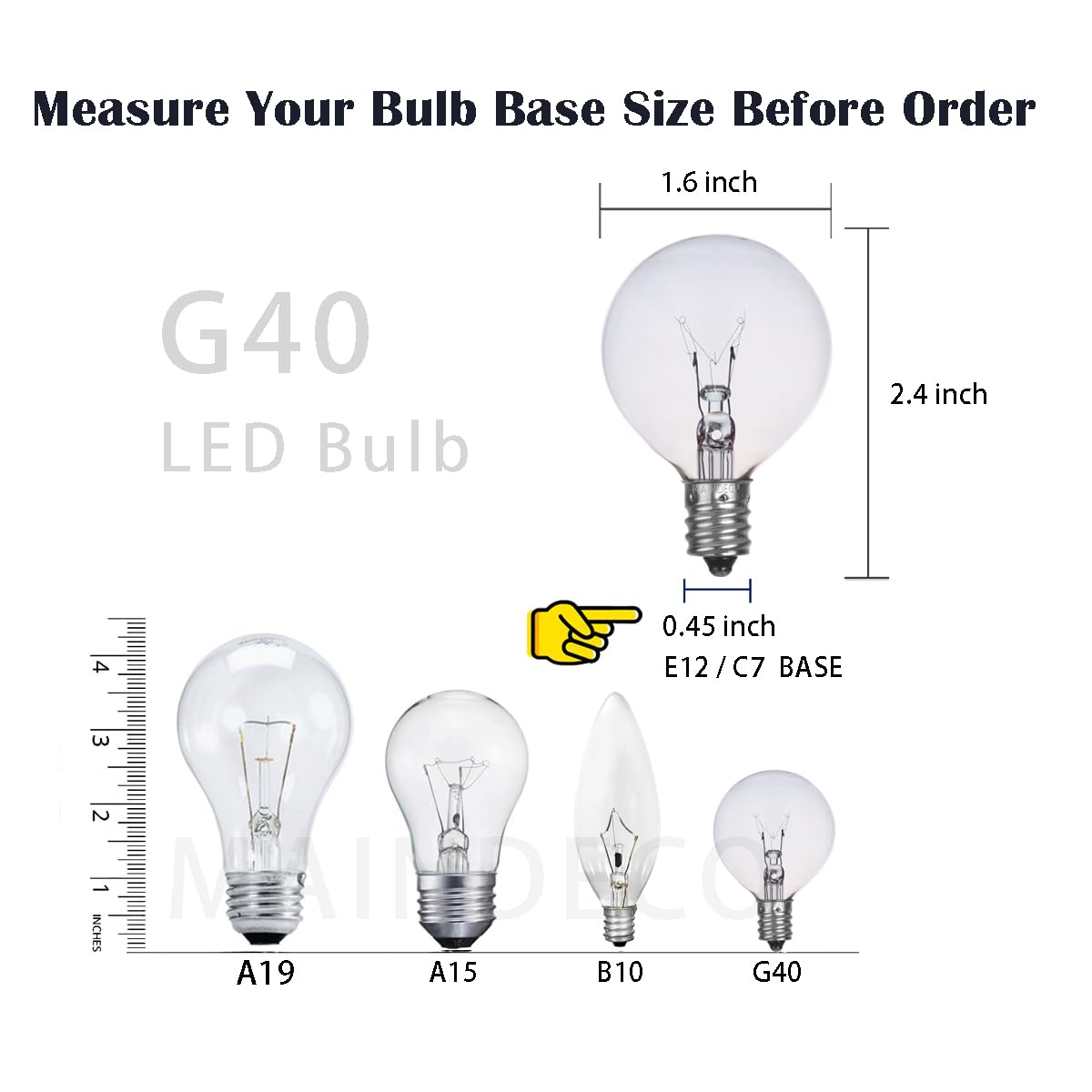 Maindeco 25 Pack G40 Replacement Bulbs,120V 5W Incandescent,E12 Base,For Indoor Outdoor String Lights-Clear