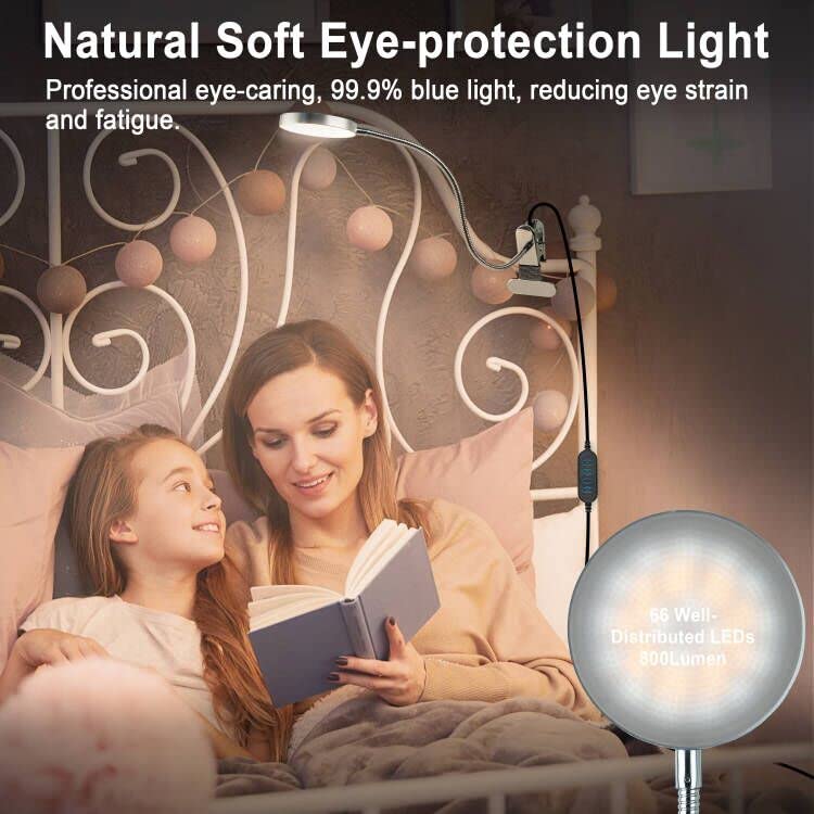 LiFMIRA Clip on Lamp - 8W LED Light, 5 Color Modes, Silver, Gooseneck Clamp for Reading, Desk, Video Conferencing, Model HL-TJ8010A