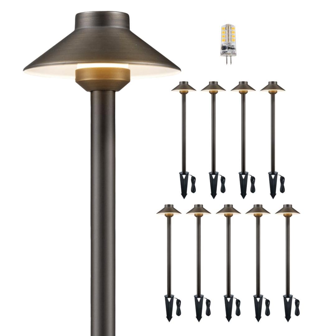Gardenreet 12V Brass Landscape Path Lights - Led Low Voltage Pathway Lamp Ip65 Waterproof, Outdoor Walkway Lighting Wired, Hat Bronze For Patio Lawn With 3W 270Lm 5000K Daylight G4 Bulb (10 Pack)