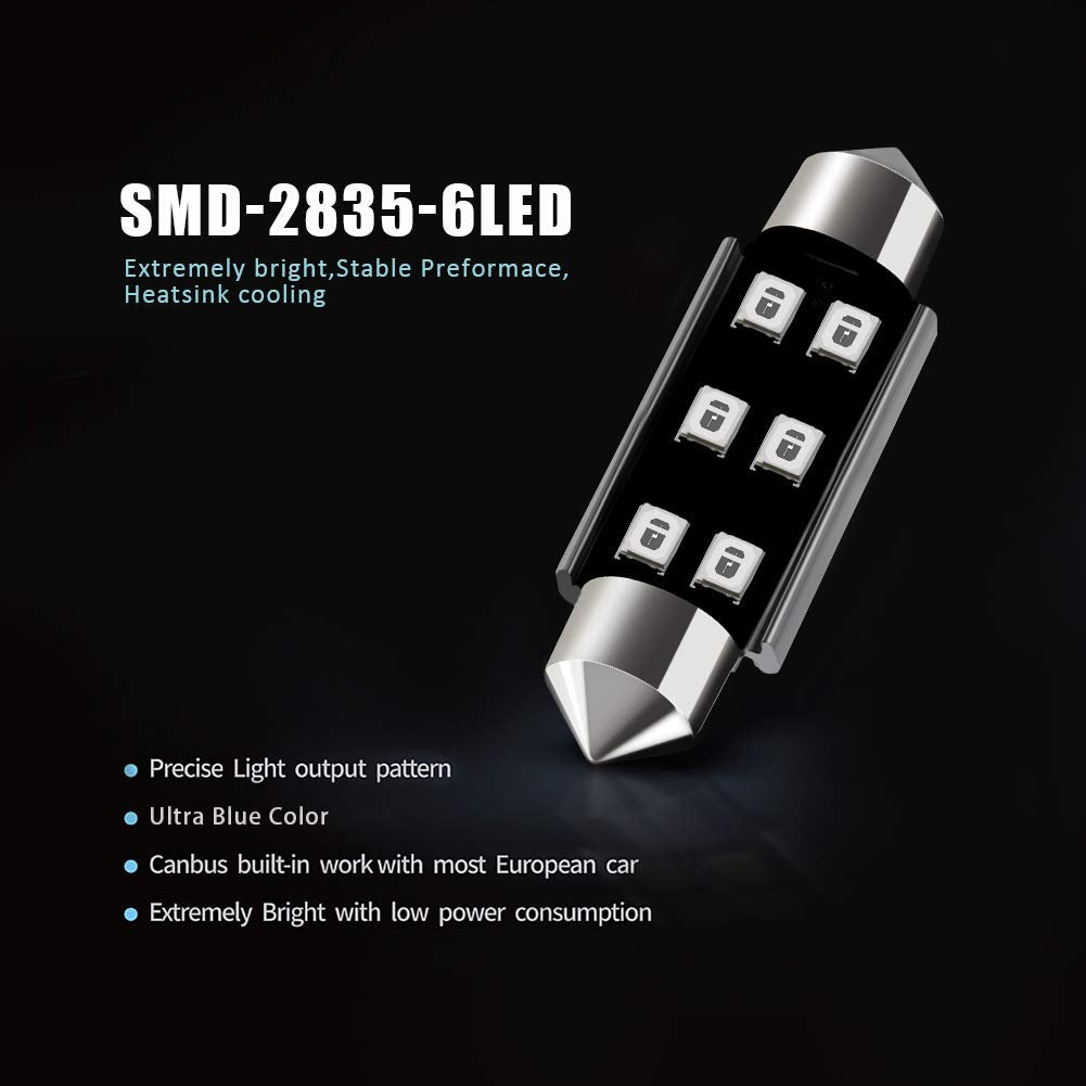 AUXLIGHT LED Interior Light Bulbs, 6SMD, Ultra Blue, 41MM, Canbus Error Free, Pack of 6