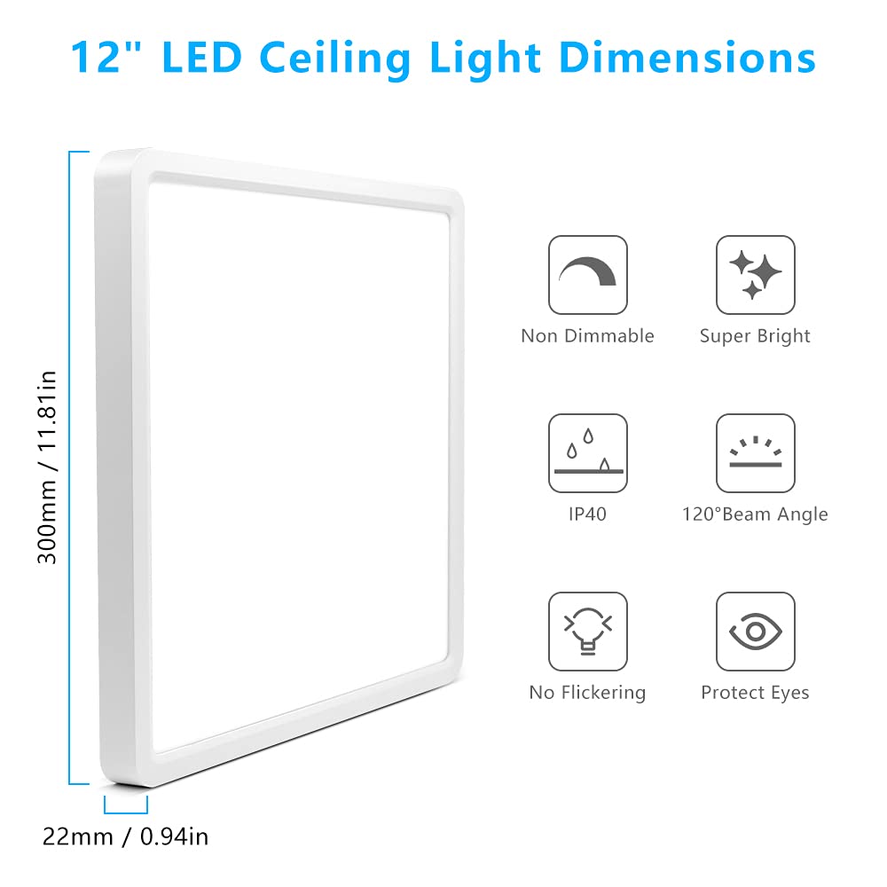 12Inch 24W Square Led Ceiling Light Fixtures Flush Mount  2800K Warm White Led Ceiling Lamp  Surface Mount Modern Ceiling Lights  Slim Flat Panel Lighting For Bedroom  Kitchen  Bathroom Etc.