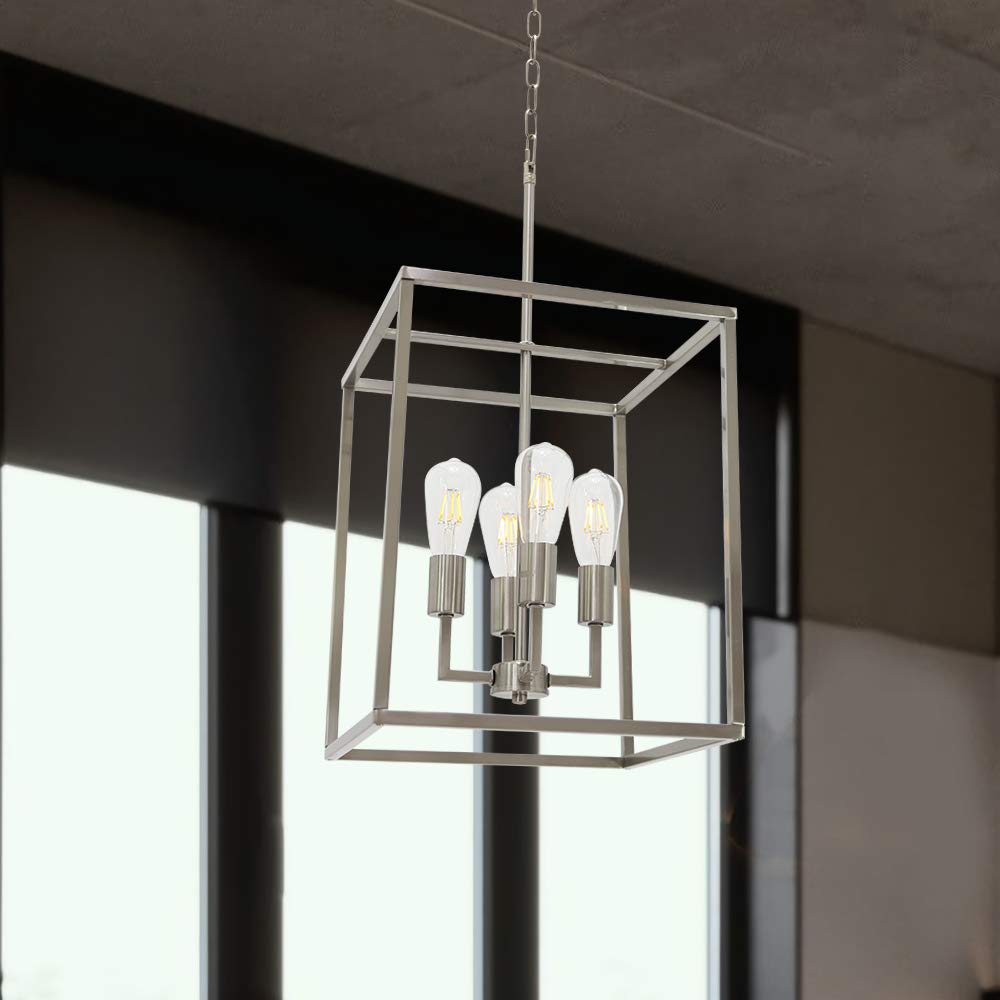 VINLUZ 4 Light Industrial Cage Chandelier Pendant Light Fixture, Brushed Nickel, Metal, Model 270-4SN