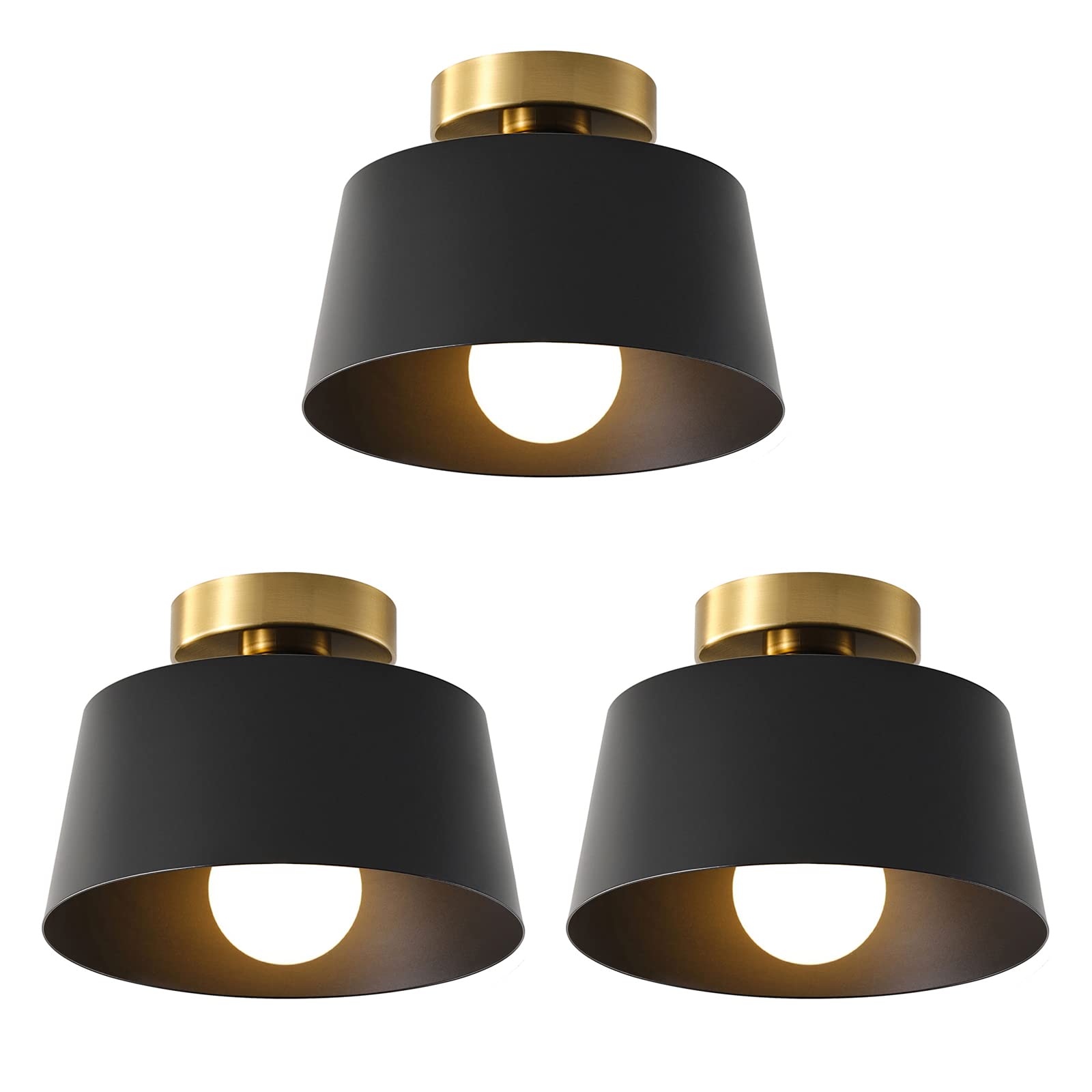 Lhlyclx Modern Ceiling Light Fixture, 3 Pack Black With Gold Plate, Matte Black Shade, Semi Flush Mount