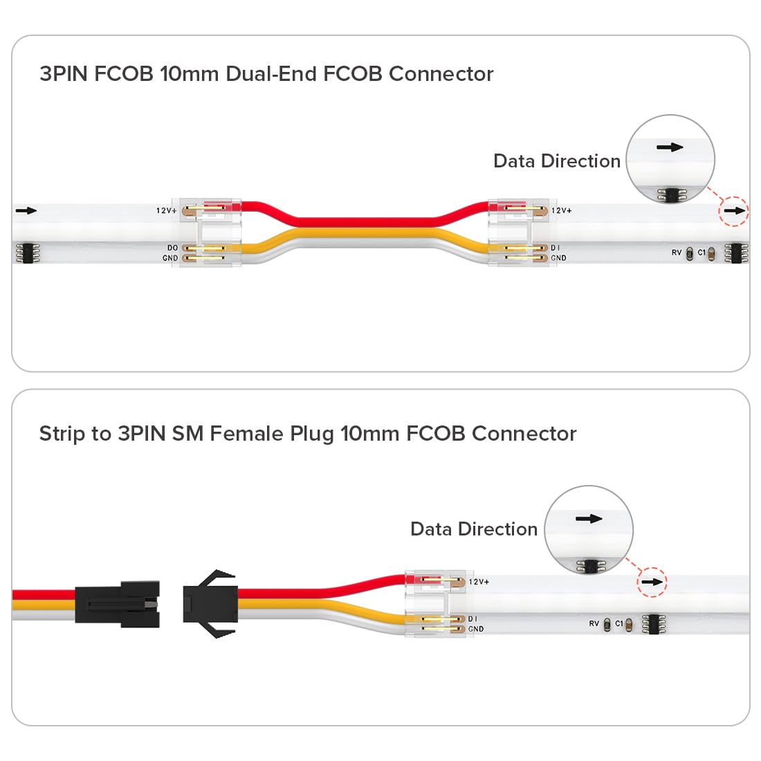 Btf-Lighting Fcob Cob 10Mm 3Pin Connector Kit, L-Shaped, Dual-End, Strip To Jst, Wire To Strip, 3Pin Jst, Gapless Connector For