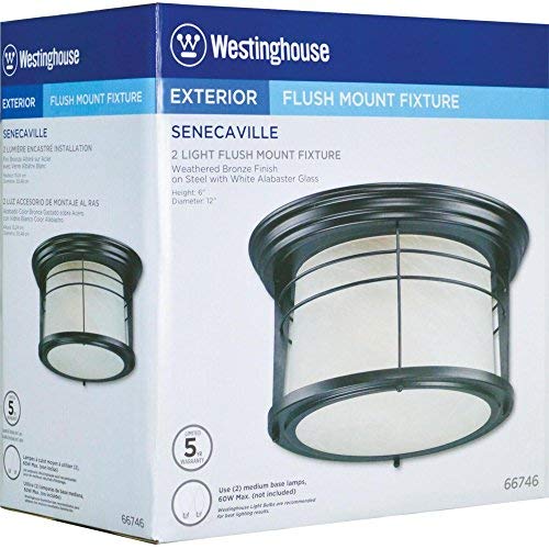 Westinghouse 05937003861 6674600 Senecaville Two-Light Exterior Flush-Mount Fixture, Weathered Bronze Finish On Steel With White Alabaster Glass, 1