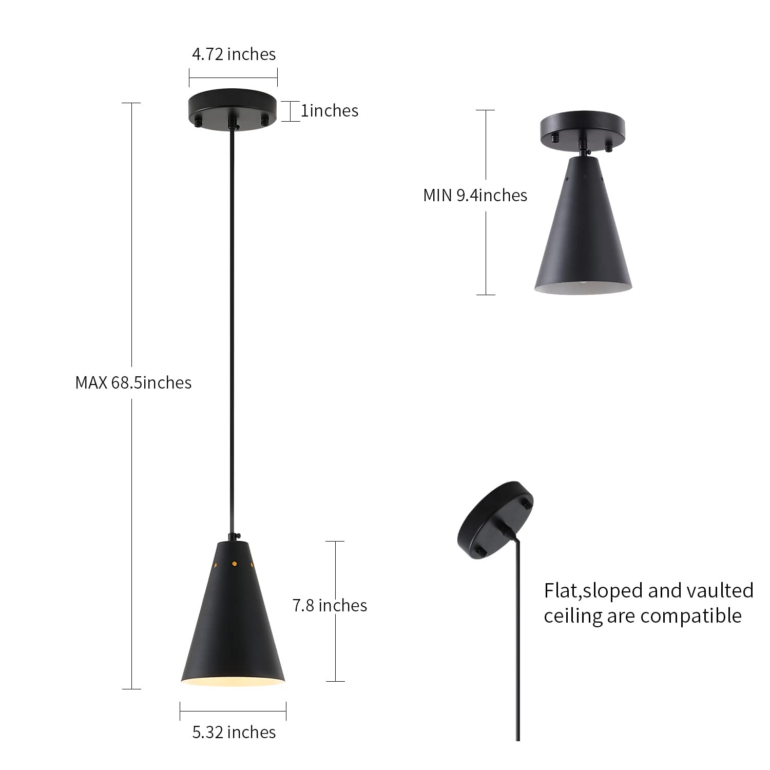 Dijiahua Black Pendant Light - Modern Industrial Chandelier, Metal Shade, Adjustable Cord, Mini Size, 1 Pack