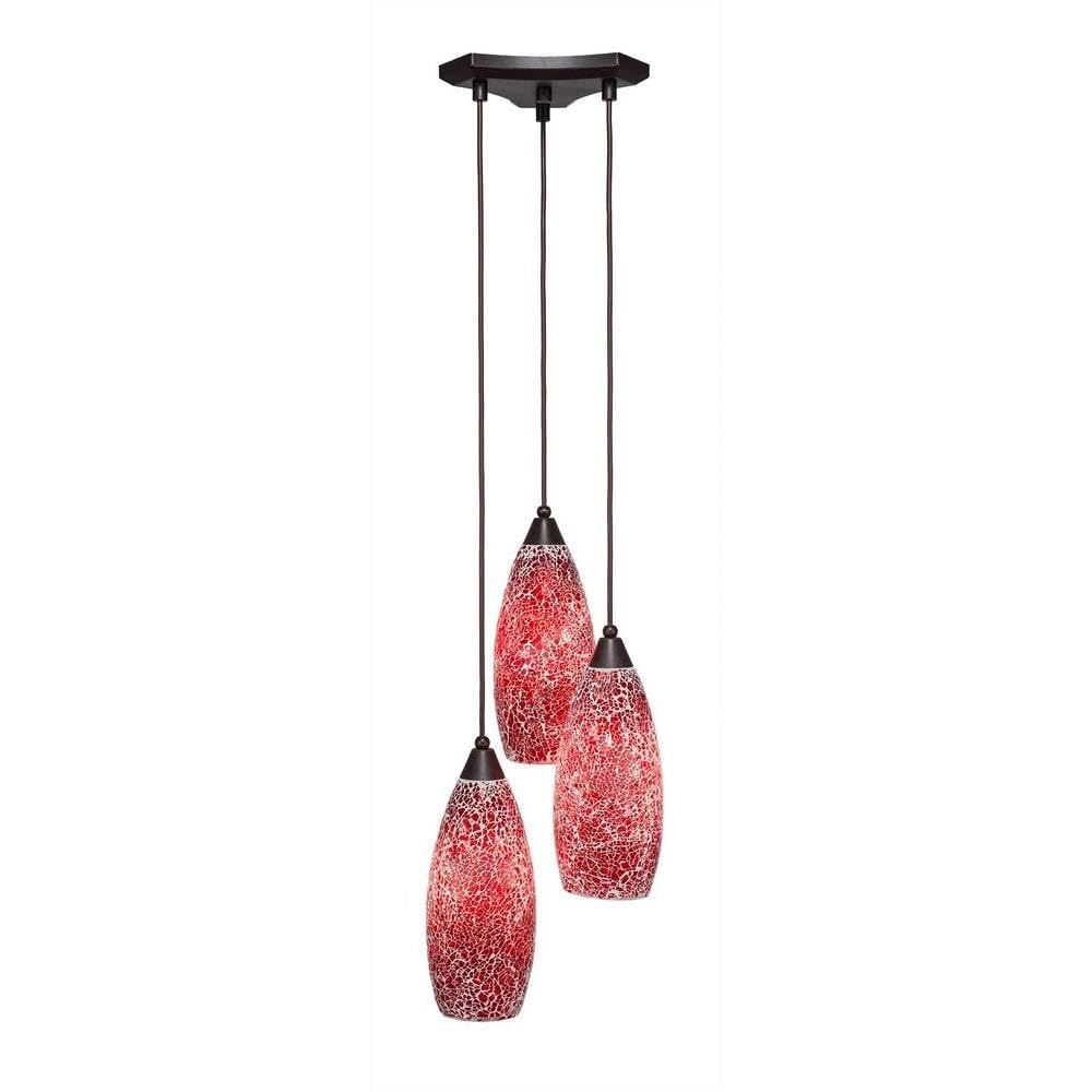 Toltec Lighting 28-Dg-5066 Europa 3 Light Multi-Light Mini Pendant With Red Fusion Glass, 5.5&quot;, Dark Granite