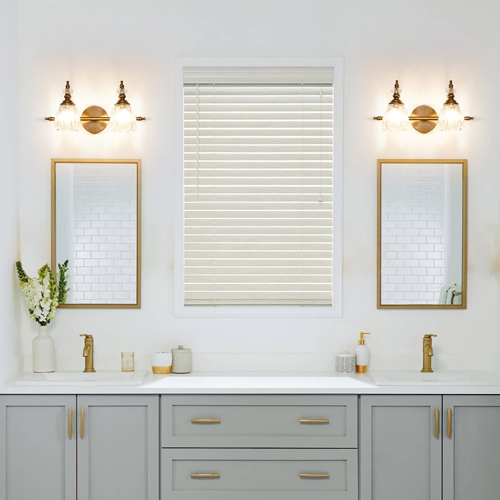 Ditoon Brass Vanity Light - 2 Light Farmhouse Wall Sconce, Brushed Gold Finish, Flower Glass Shade, Model DX230004V