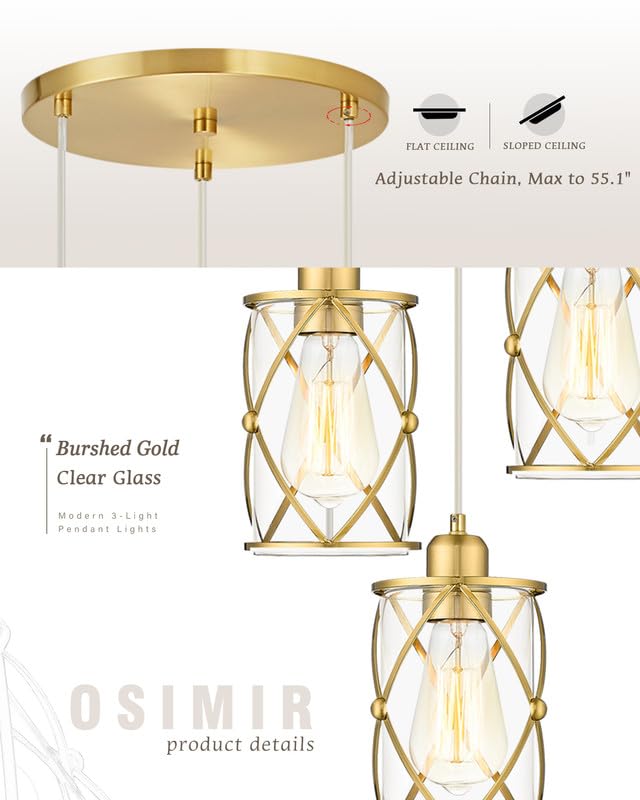 Osimir 3-Light Brushed Gold Chandelier With Clear Glass, Modern Farmhouse Pendant Lighting
