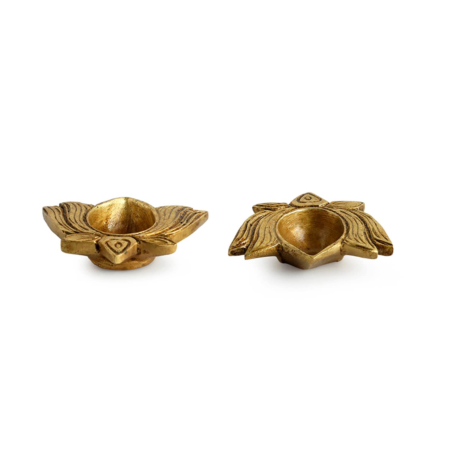 ExclusiveLane Lotus Shaped Brass Diya for Puja Room Mandir (Pure Brass, Set of 2, 0.2 Kg) | Hand-Carved Table Diya for Gift Bras
