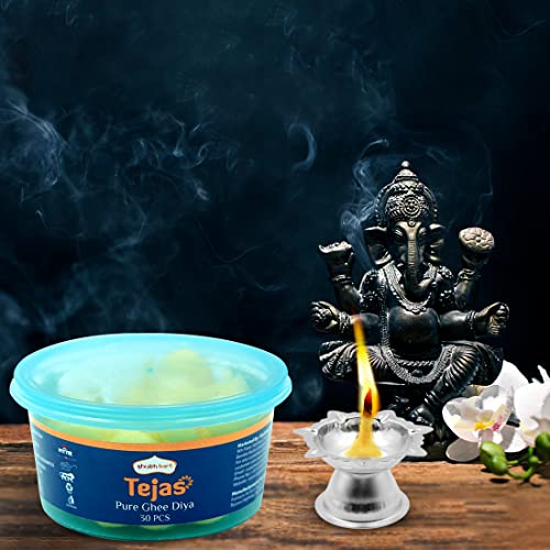 Shubhkart Tejas Pure Ghee Diya Batti Pack of 30 Diyas with Niranjan Diya | Readymade Ghee Wicks| Diya Batti for Puja, Festivals