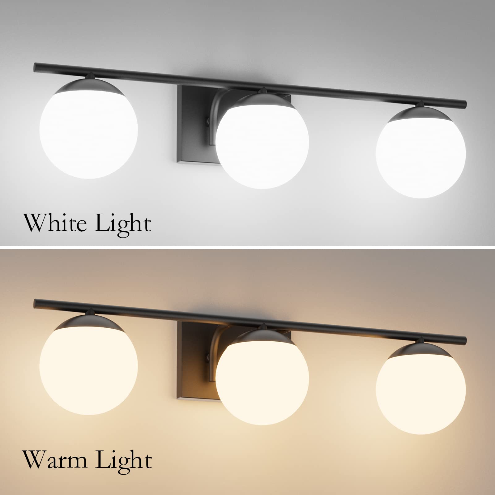 Ralbay 3-Light Bathroom Vanity Lights, Matte Black Metal with Milky Glass, Model 1167