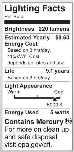 Satco S7313 5-Watt Candelabra Base Torpedo, 5000K, 120V, Equivalent To 25-Watt Incandescent Lamp